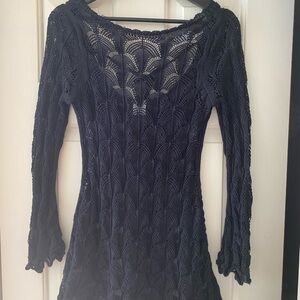 Navy Crochet Lace Long Sleeve Dress